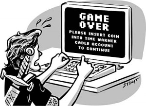 Cartoon of a video game player tripping an Internet bandwidth cap.